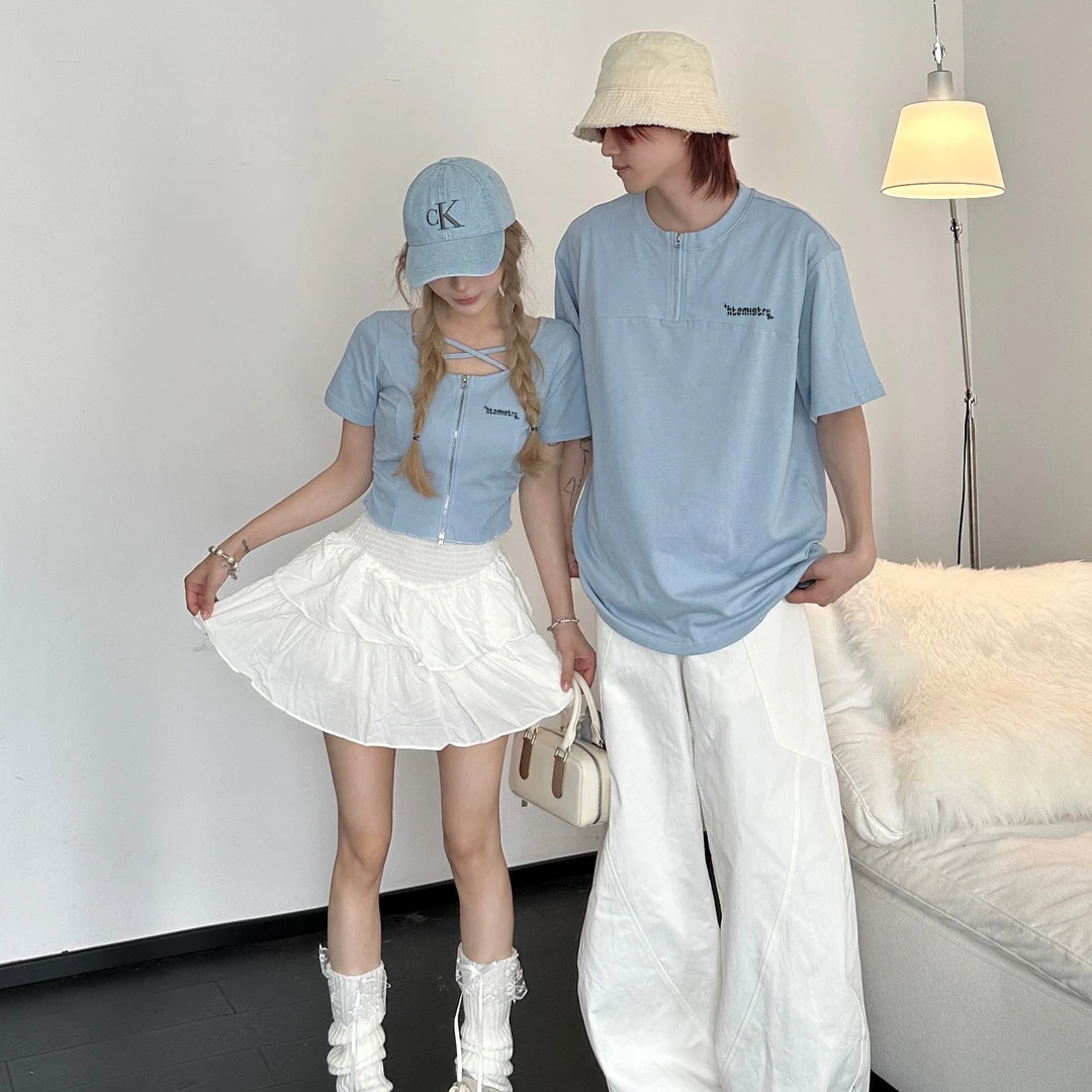 情侣装夏季T恤夏季白色圆领纯色修身型短袖褶皱拼接半身裙潮
