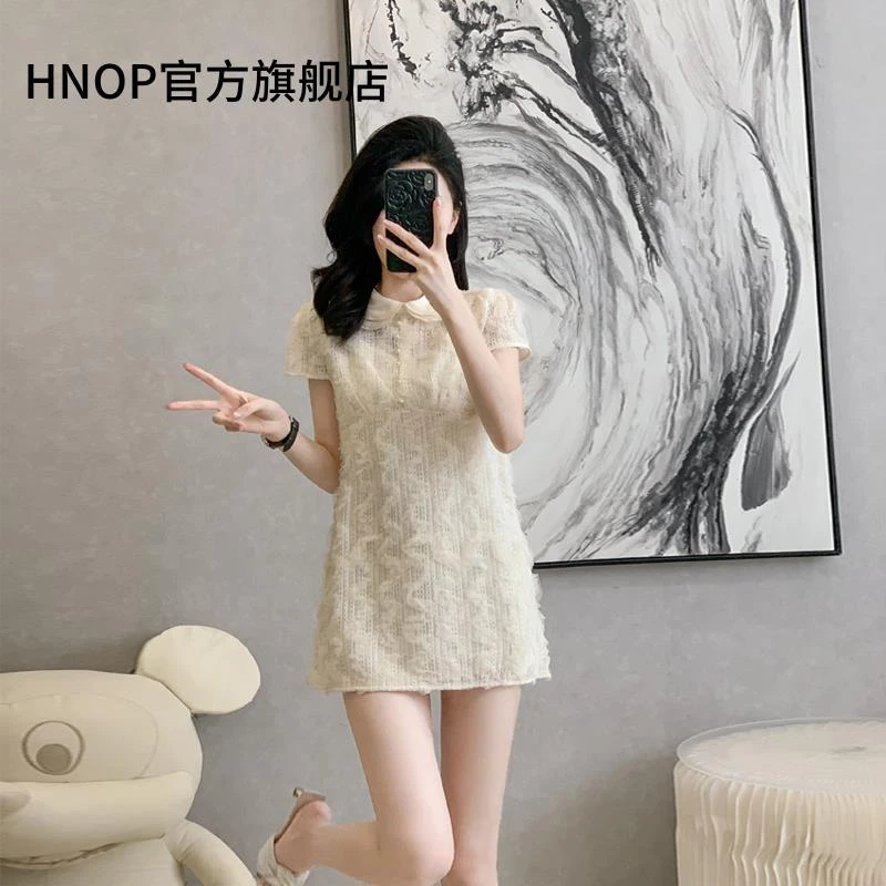 2025年夏季新款法式小香风气质肌理感网纱花边娃娃领短款连衣裙