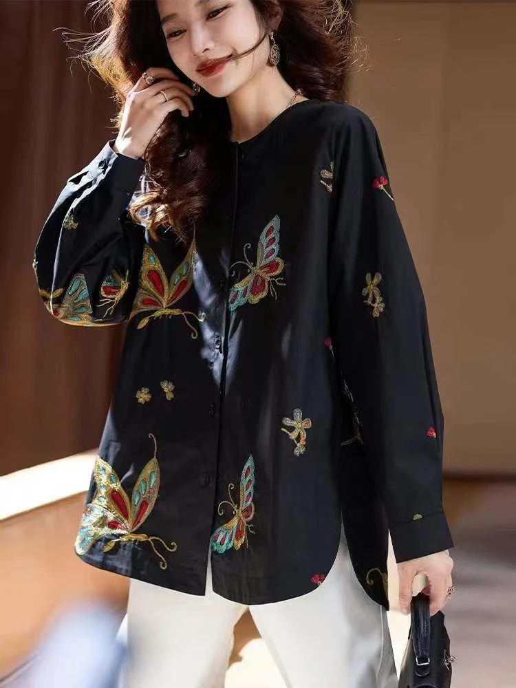 春装新款 欧货刺绣蝴蝶衬衣