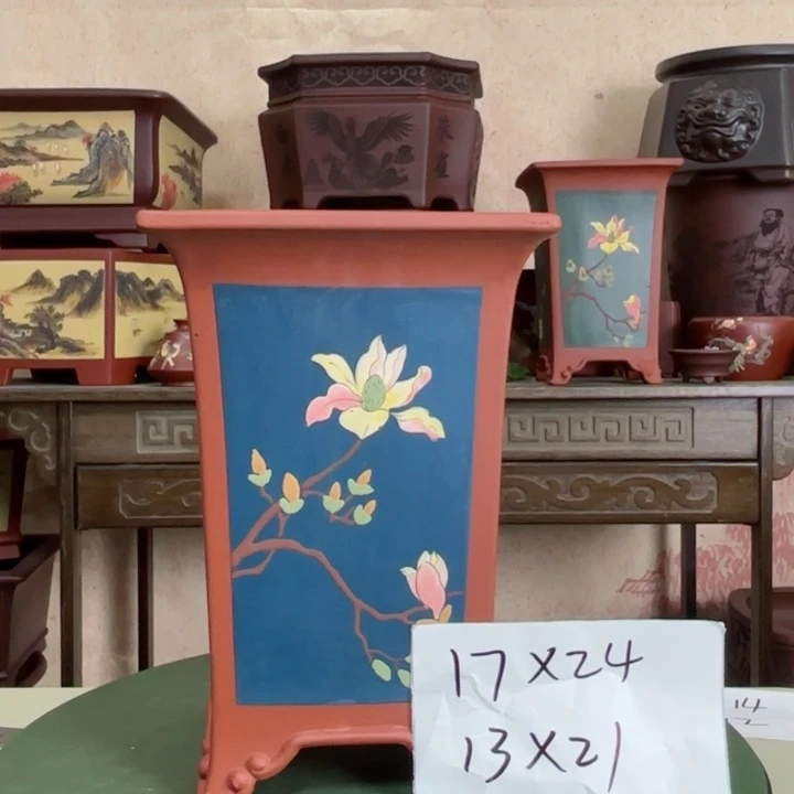 花盆紫砂手工彩绘玉兰花