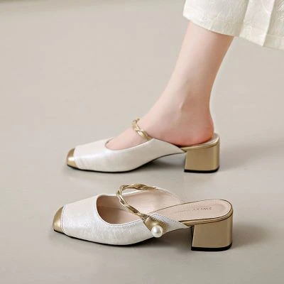 新中式旗袍小香风包头凉拖鞋女夏天外穿2024夏季新款方头浅口拖鞋