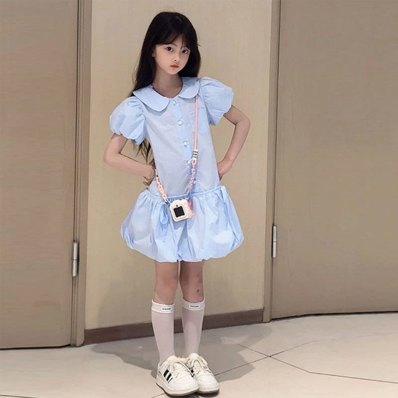 女童泡泡袖连衣裙2025新款夏季中大童洋气花苞裙韩版娃娃领小裙子