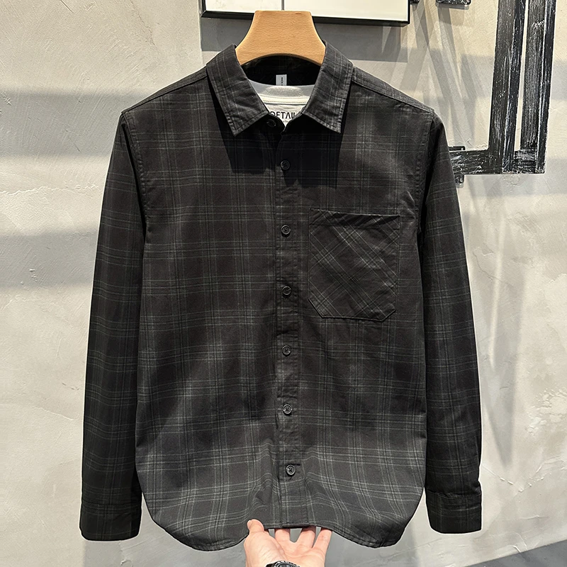 美式黑色格子衬衫男春秋新款高街痞帅宽松小众青少年长袖外套衬衣