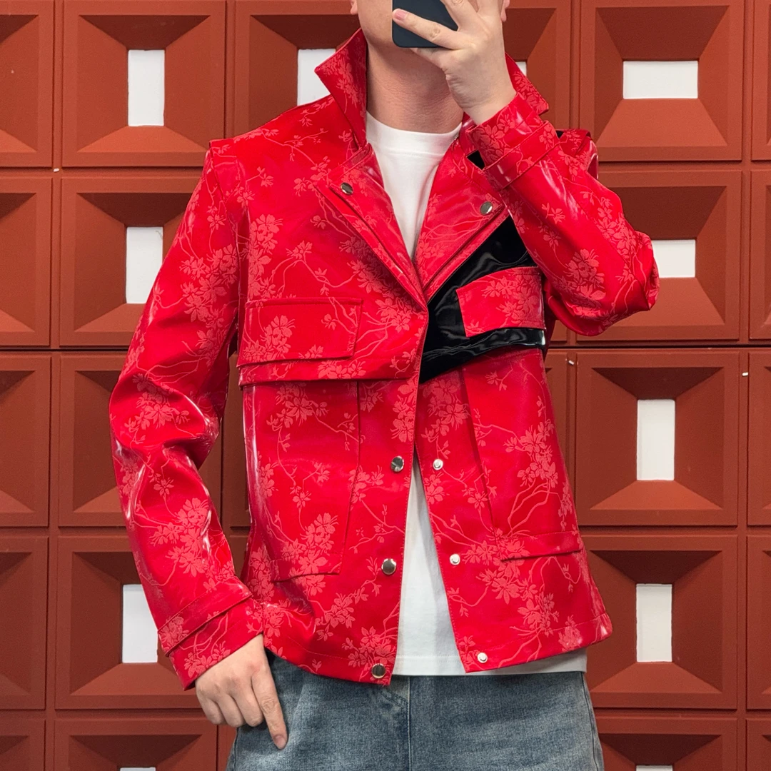 HK&NB x 艺术家系列 春秋痞帅复古机车街头个性国风暗纹亮皮夹克