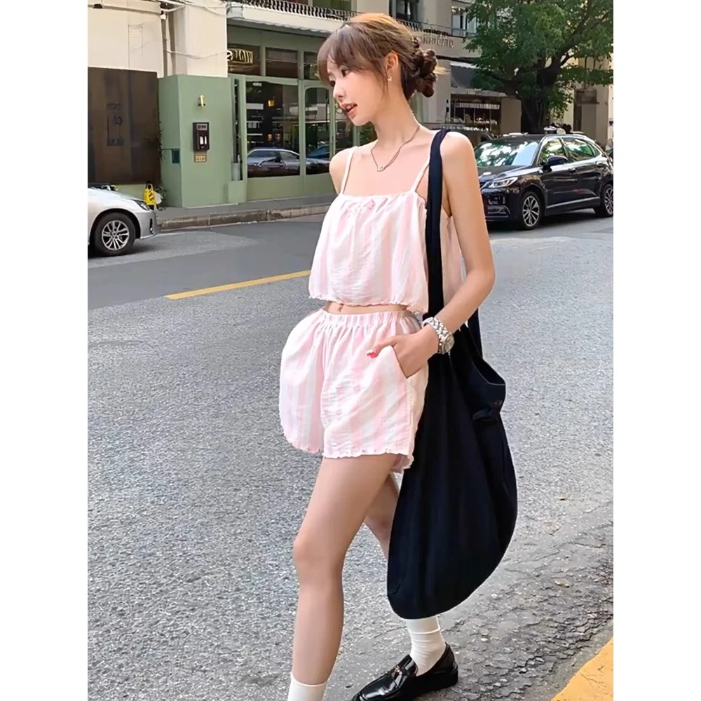 辣妹粉条纹可外穿吊带睡衣女夏季新款甜美花边背心短裤家居服套装