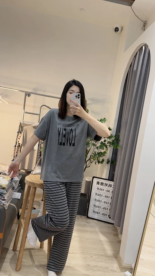 夏季条纹字母舒适睡衣女士家居服简约宽松休闲印花百搭减龄可外穿