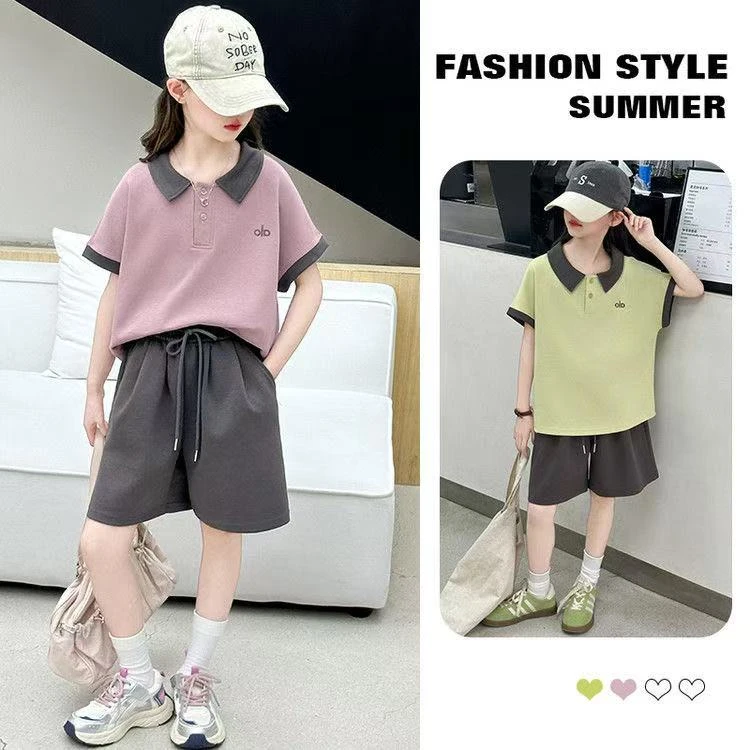 夏日甜美风套装~女童夏季薄款新款POLO领短袖休闲短裤两件套8819
