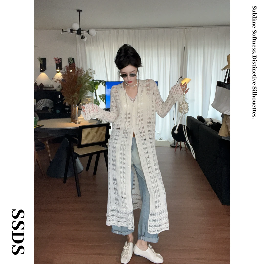 SSDS法式度假风镂空亚麻针织外套休闲长款开衫连衣裙显瘦显高开衫