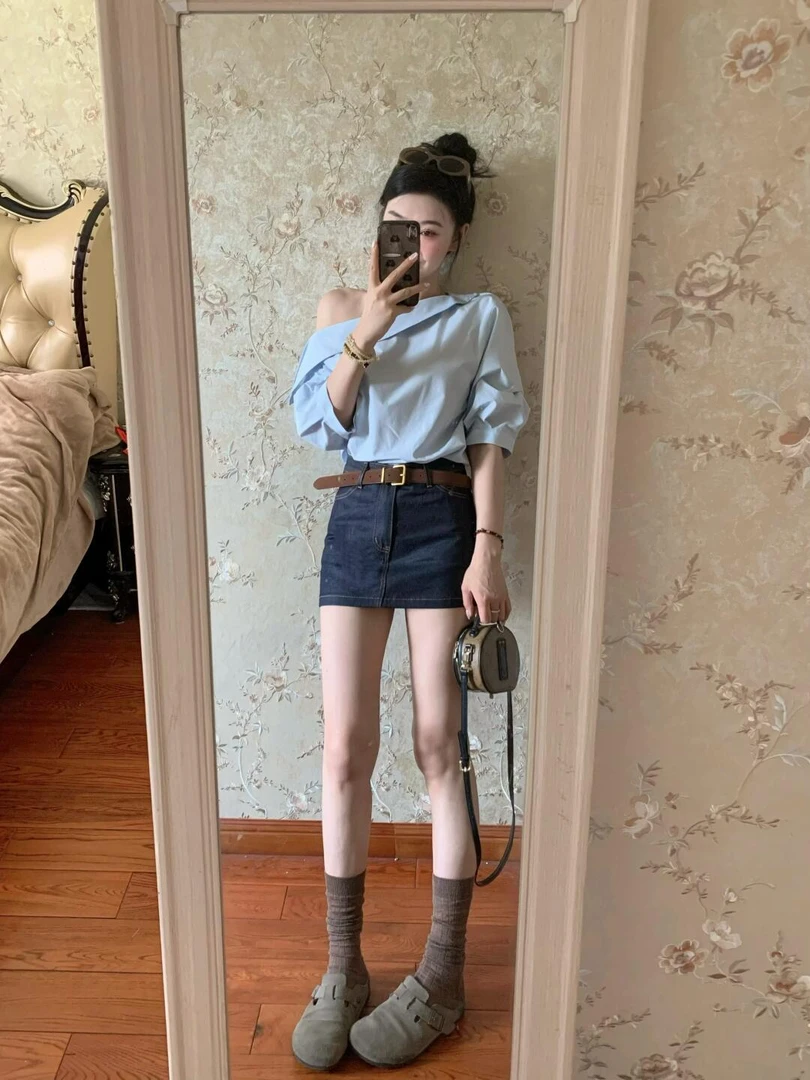 2025夏季新款韩系时尚设计感斜肩衬衫上衣高腰显瘦半身裙两件套女