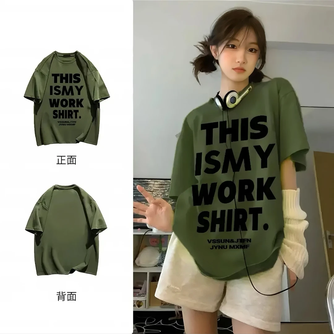 美式复古重磅纯棉圆领女夏季2025新款透气宽松时尚T恤潮