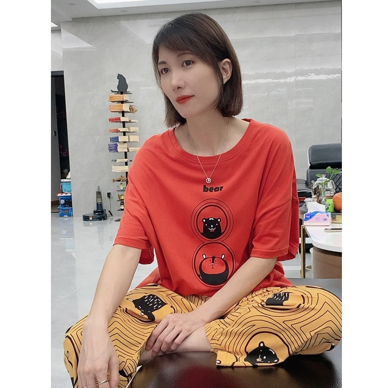 夏季超大码睡衣女纯棉短袖宽松卡通胖MM家居服特大码韩版休闲套装
