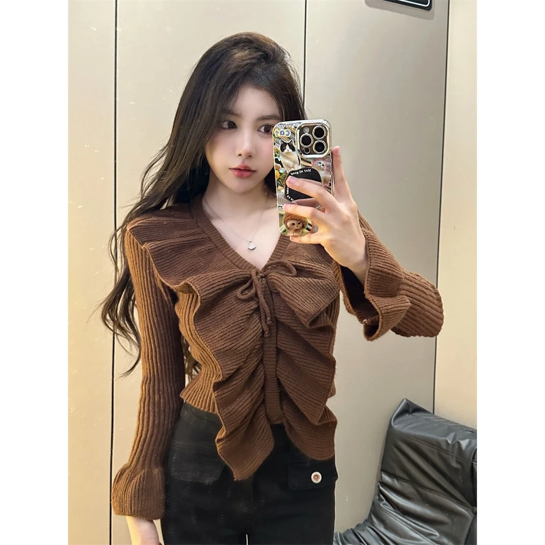 法式温柔甜美荷叶边领长袖毛衣女早秋新款修身内搭打底针织上衣