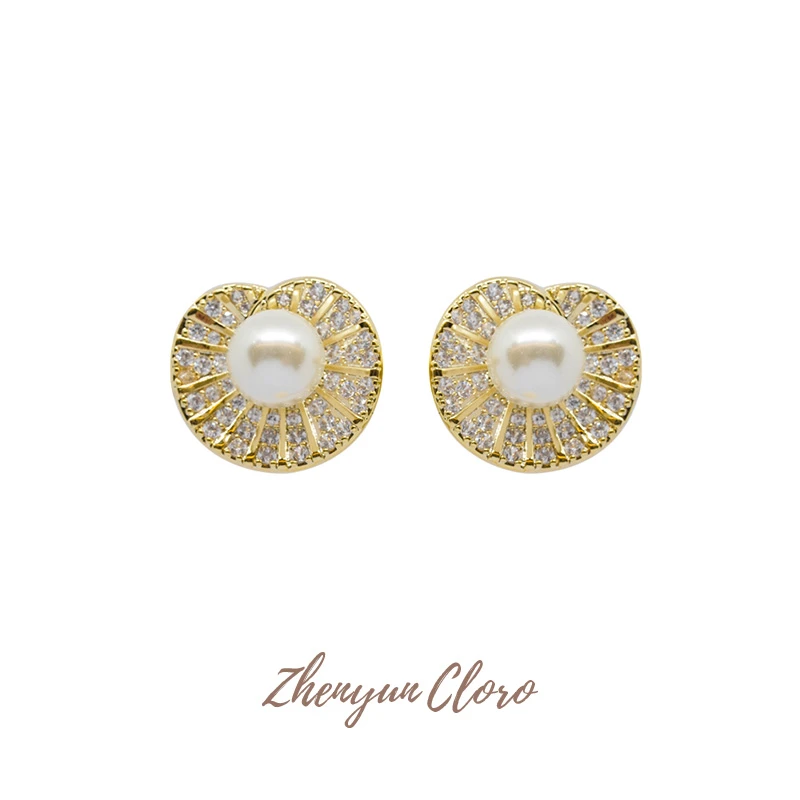 铜合金耳饰 满镶贝壳设计珍珠耳钉 LL3020