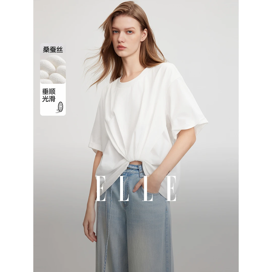 【商场同款】ELLE宽松短袖女2025夏新款不规则通勤T恤L8STC103