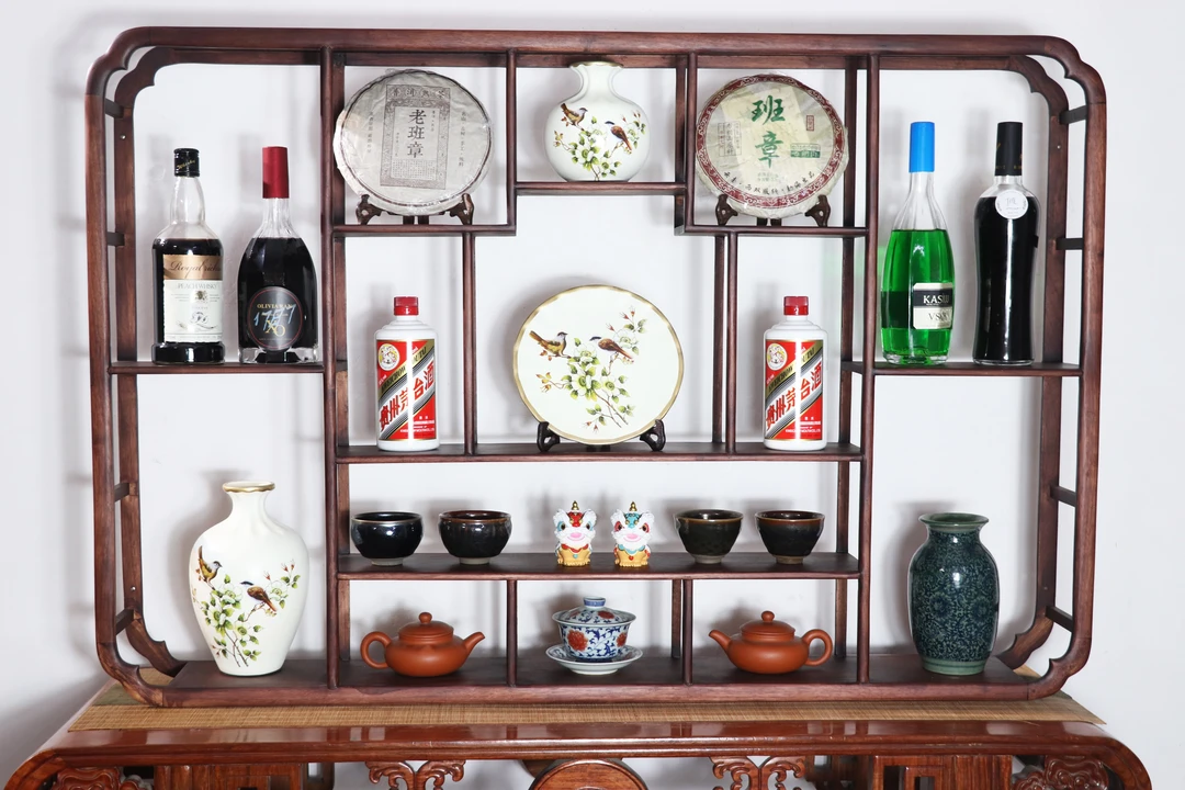挂墙博古架墙上实木架胡桃色实木架红酒架茅台架中式一体架茶室架