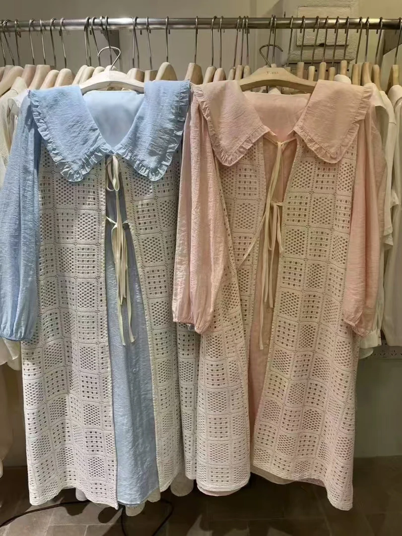 大码女装日系娃娃领衬衫裙+钩织绑带马甲两件套连衣裙套装5778