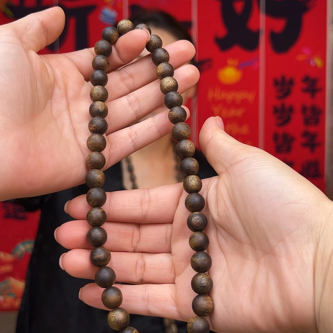 沉香手串海南莺歌绿奇楠流油王圆珠老料双圈一条1.0