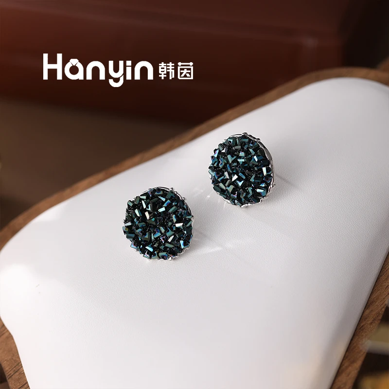 铜合金合成锆石耳饰 925银针2.5cm超闪碎晶圆形耳钉时尚百搭气质