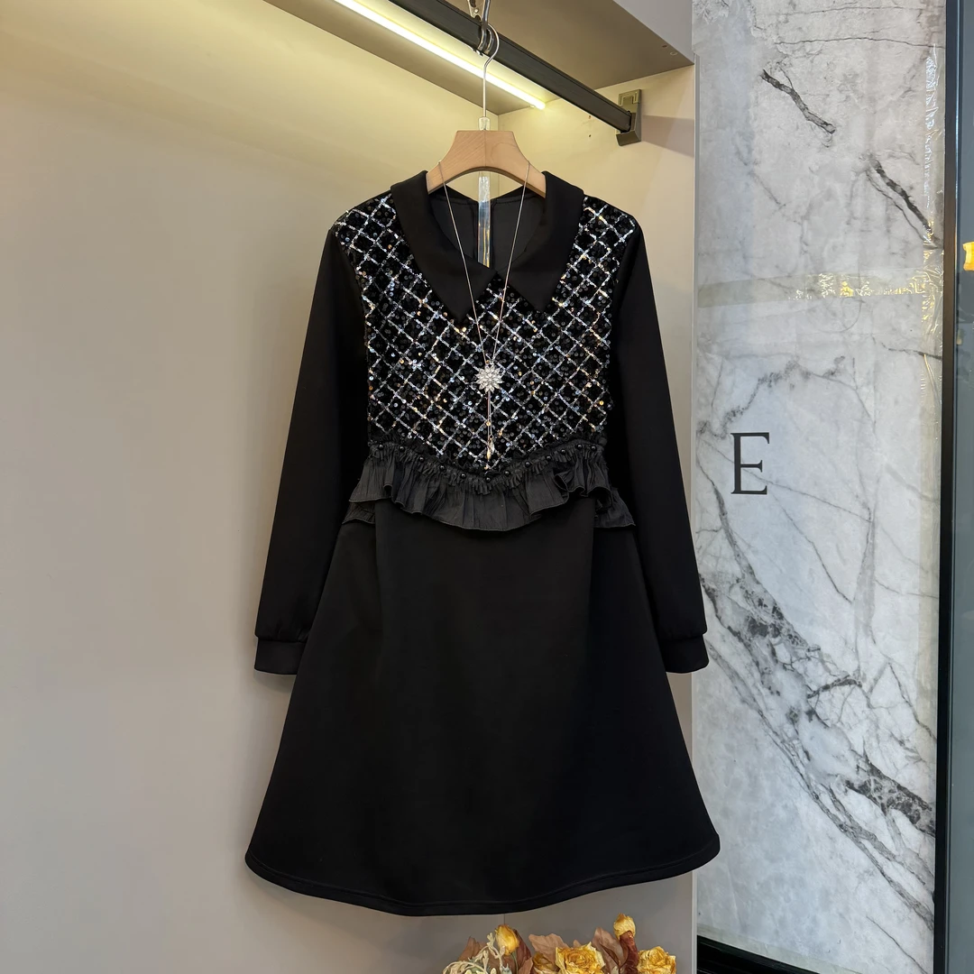 2025秋冬欧货设计感宏观亮片轻奢显瘦时尚大码翻领连衣裙套装586