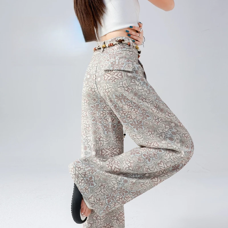 老钱风复古印花阔腿裤女夏轻薄亚麻裤垂感休闲直筒裤夏季高腰时尚