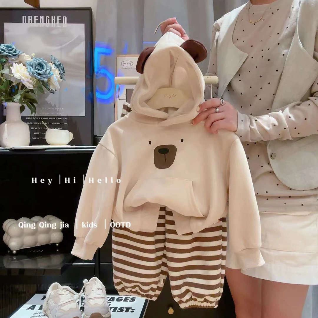 【A类亏米福利】新款春秋宝宝儿童卡通小熊连帽卫衣条纹裤套装