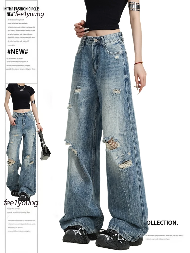 大码美式复古设计感破洞牛仔裤女2025春季新款高腰显瘦直筒垂感裤
