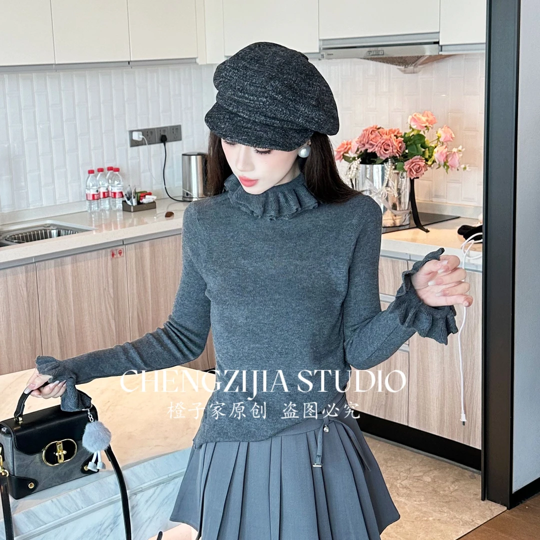 【裴诗婷】橙子·studio【】MY00134木耳边不规则修身打底衫毛衣