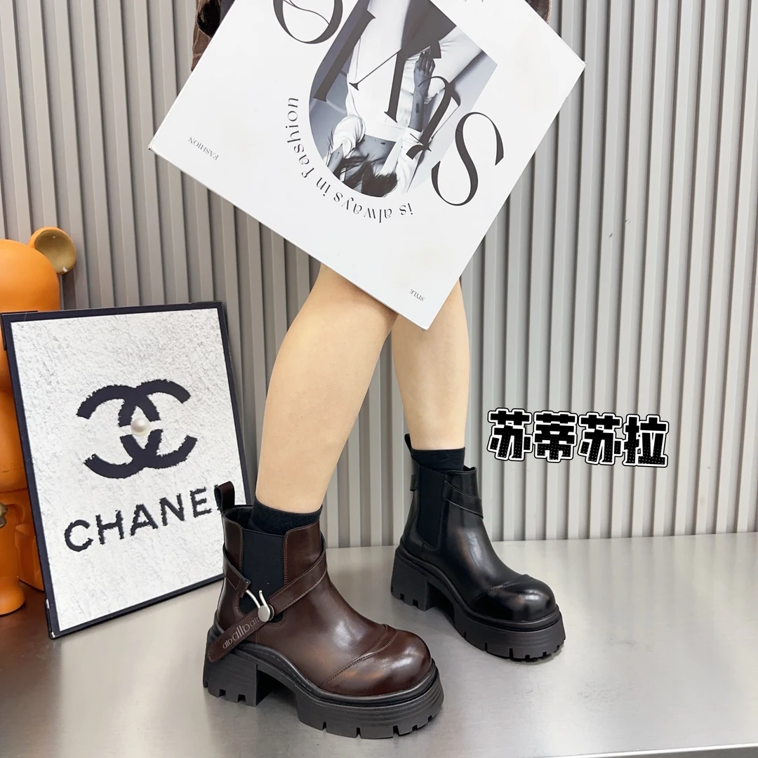 081-95黑色短靴粗跟靴子秋冬欧美风冬款圆头时尚厚底百搭女靴