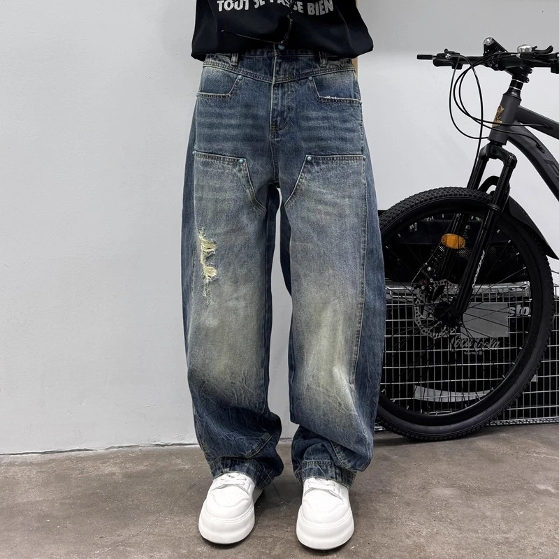 复古工装牛仔裤男春秋弯刀美式高街潮牌宽松直筒青少年长裤子男生