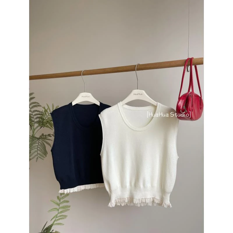 【花花】花边马甲~韩系复古U领无袖宽松花边拼接套头马甲背心