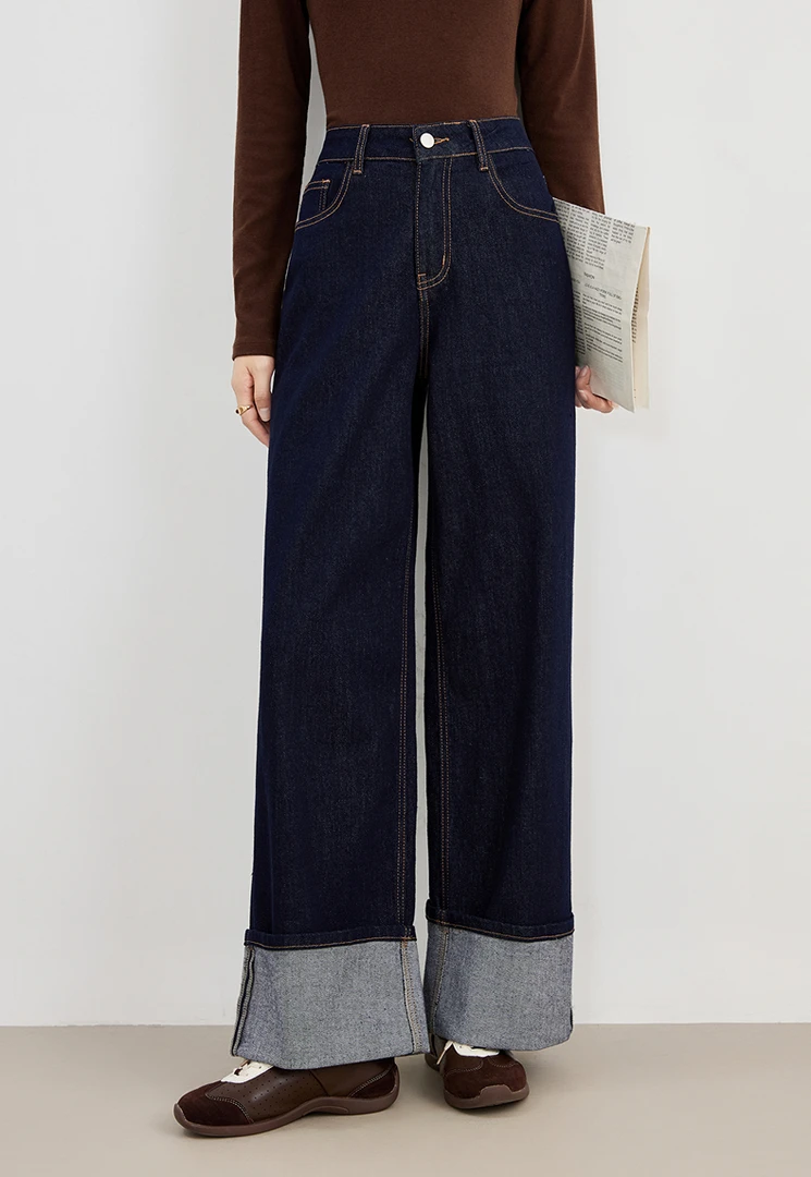 爱客翻边高腰秋季休闲拼接直筒裤女士秋冬裤子牛仔裤YA25336N001