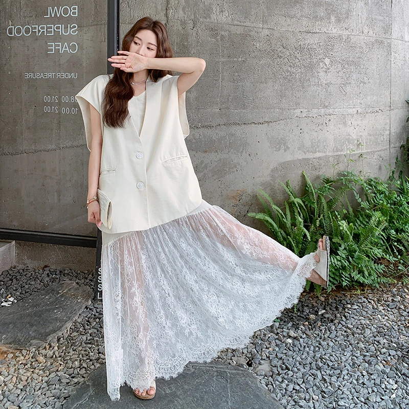 超好看马甲蕾丝拼接吊带连衣裙两件套女2025夏季新款显瘦洋气裙子