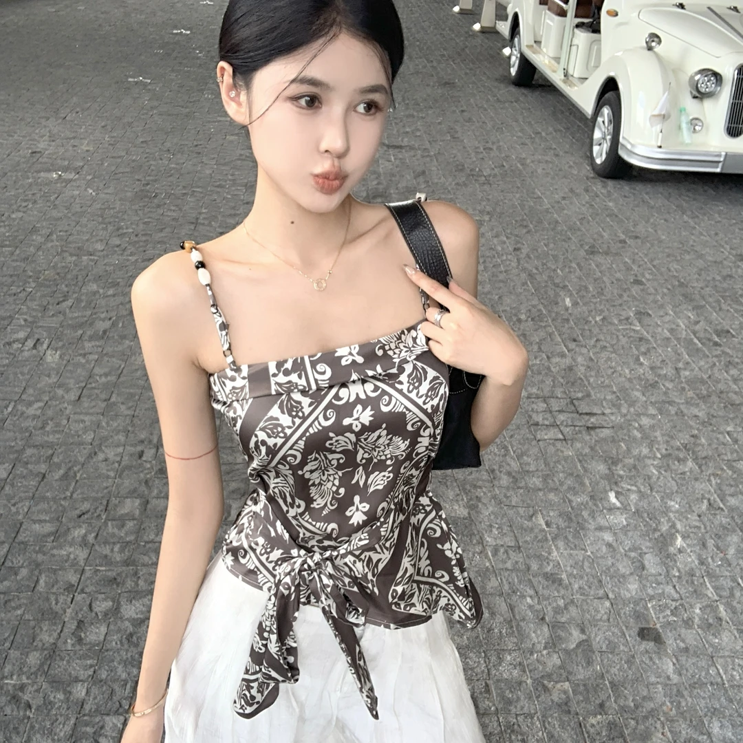 法式复古气质满印撞色性感丝巾上衣女夏季外穿不规则绑带吊带背心