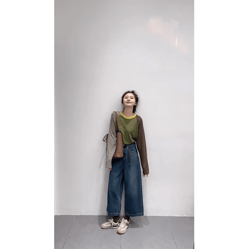 小众通勤百搭长袖T恤拼接条纹复古别致工装马甲宽松休闲阔腿裤