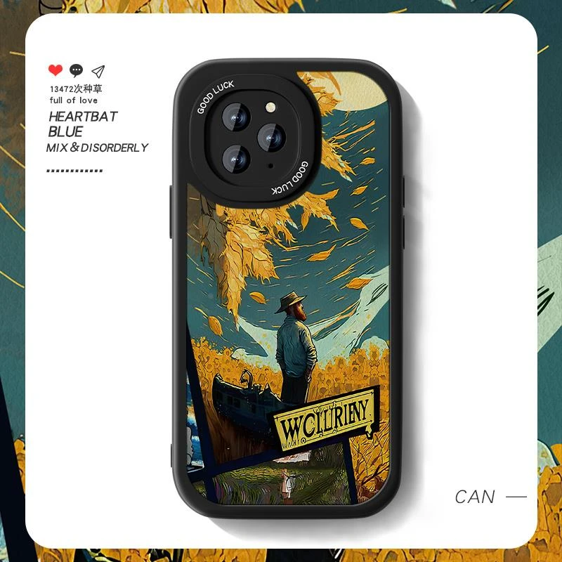 落叶梵高适用苹果16手机壳新款iPhone14promax女小羊皮ip15plus油