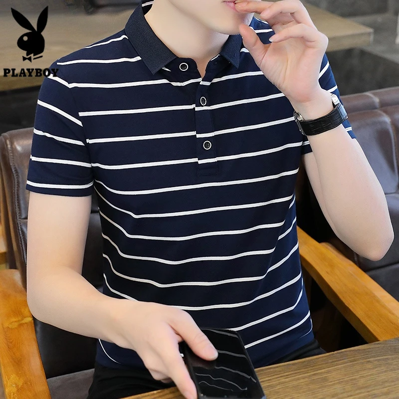 花花公子专柜夏季新款男POLO衫短袖韩版休闲百搭条纹潮男T恤