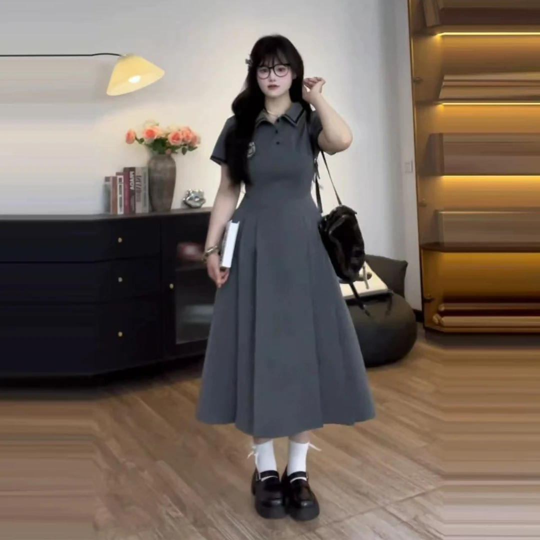 夏季学院风短袖长裙大码连衣裙A字裙系扣显瘦百搭85037