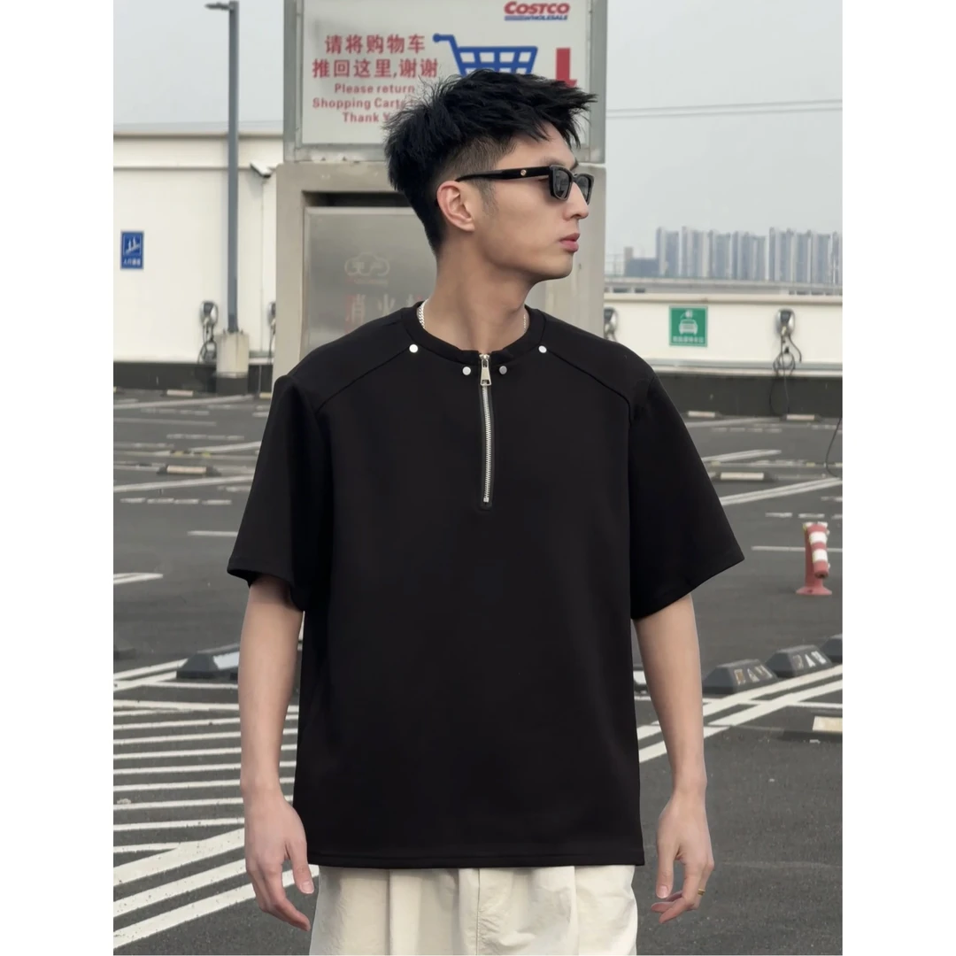 美式2025新款铆钉男士上衣男感重磅短袖宽松痞帅高街风夏季男款