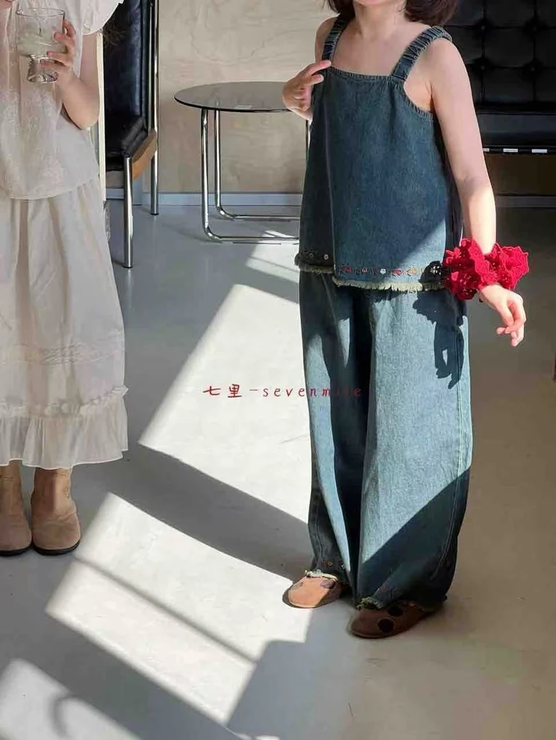 652106【SevenMile】轻法绣花毛边牛仔套装