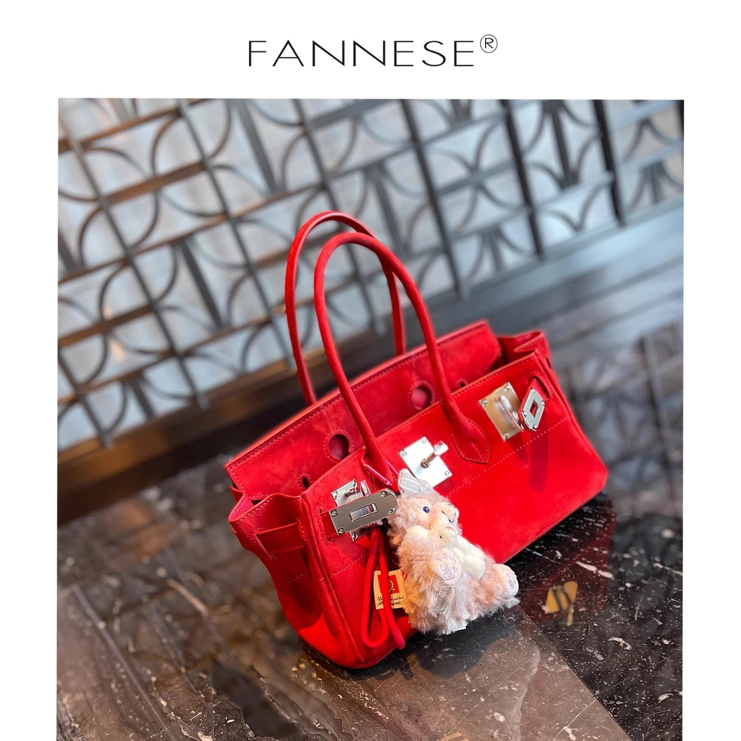 新款高品质麂皮横版大铂金包女真皮高级感大红色新娘结婚包手提包