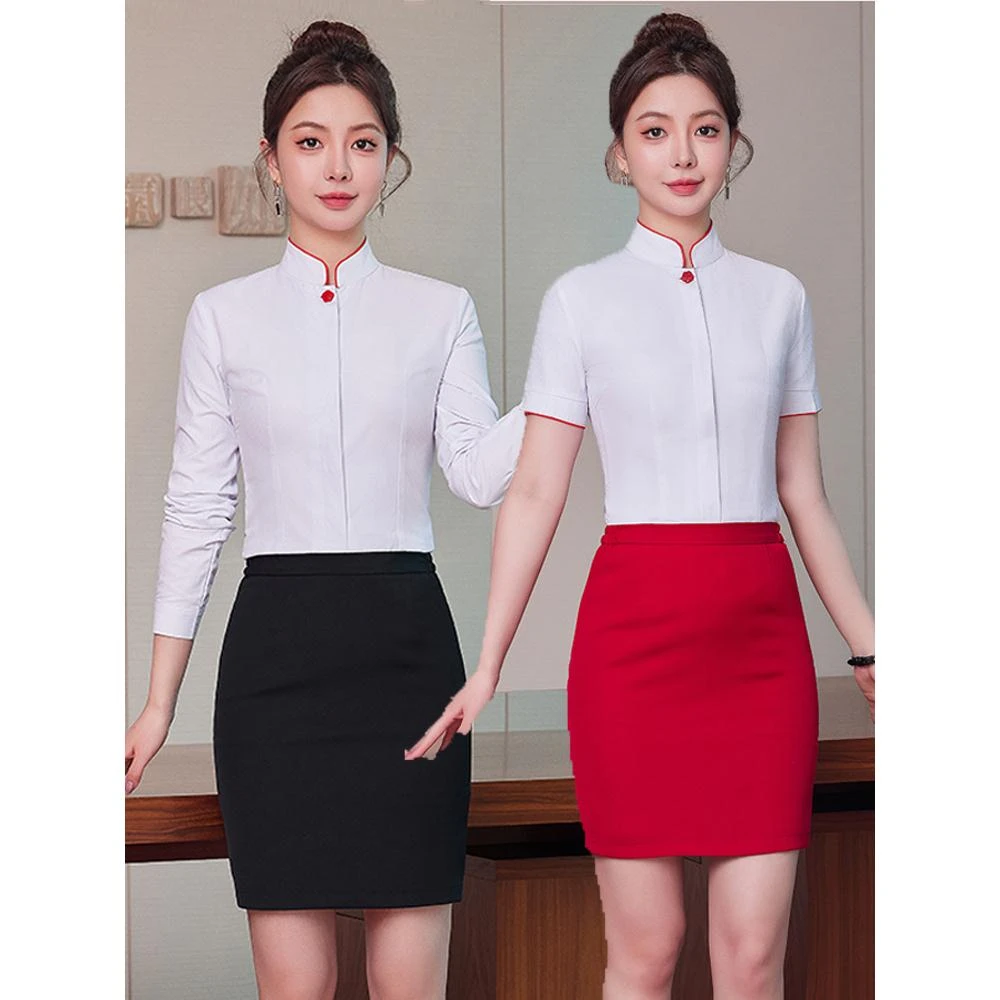 中式立领衬衫女职业工作服酒店餐饮茶馆服务员工作服前厅接待制服