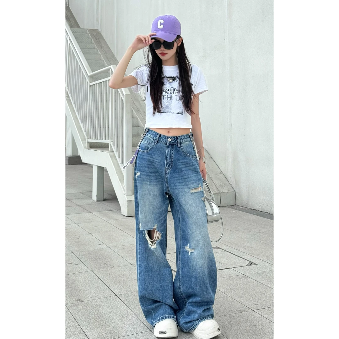 美式复古破洞夏季垂感直筒百搭显瘦拖地休闲阔腿牛仔裤长裤