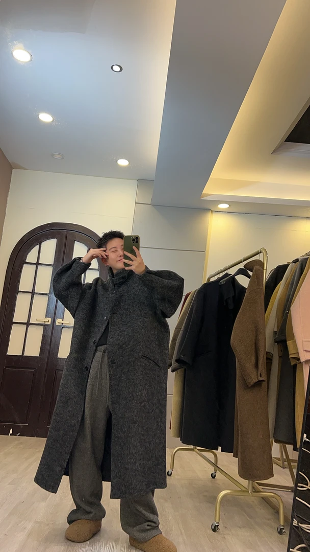 小7定制2025新款立领长款欧版双面手工羊毛大衣女宽松显瘦外套