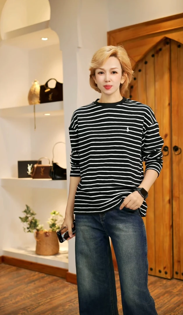 套头休闲风中长款街头风黑白秋季T恤圆领条纹打底衫