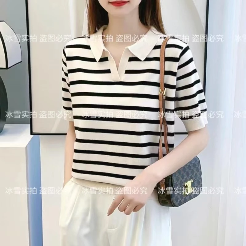 【方领条纹短袖】女士针织短袖T恤女新款夏季时尚洋气外穿显瘦