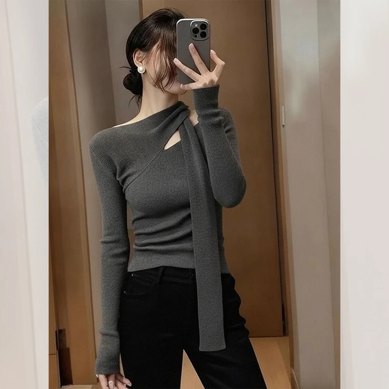 别致独特漂亮内搭系带小衫针织打底衫洋气高贵镂空上衣女韩系秋冬