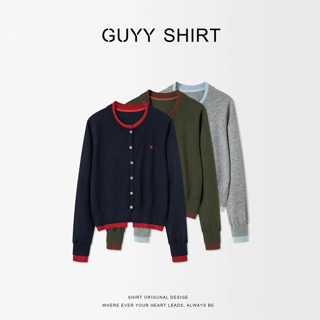 绵羊毛 针织开衫女通勤圆领假两件套 撞色系 短款百搭毛衣上衣861