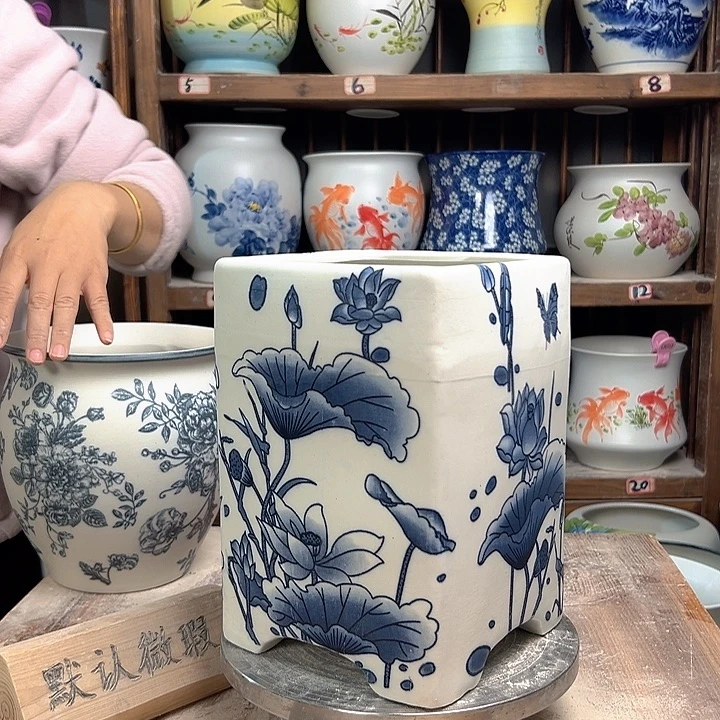 陶四方盆复古荷花陶瓷陶瓷