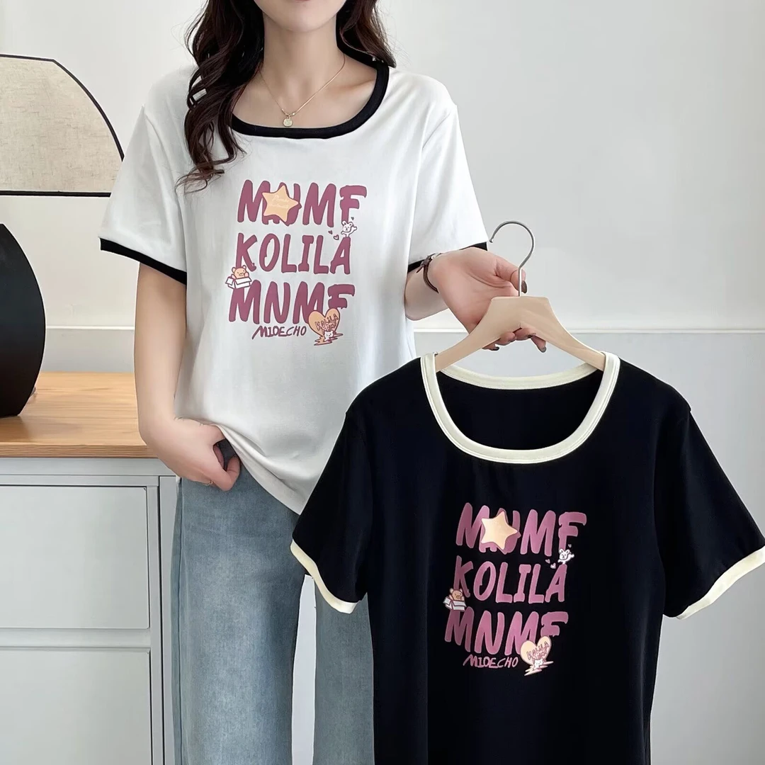 大码女装小方领字母印花短袖T恤女夏季微胖mm显瘦休闲设计感上衣