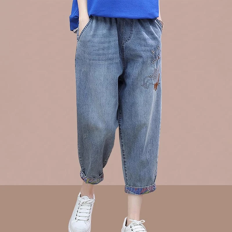 薄款时尚七分牛仔裤女2025年夏季新款韩版宽松显瘦高腰休闲哈伦裤